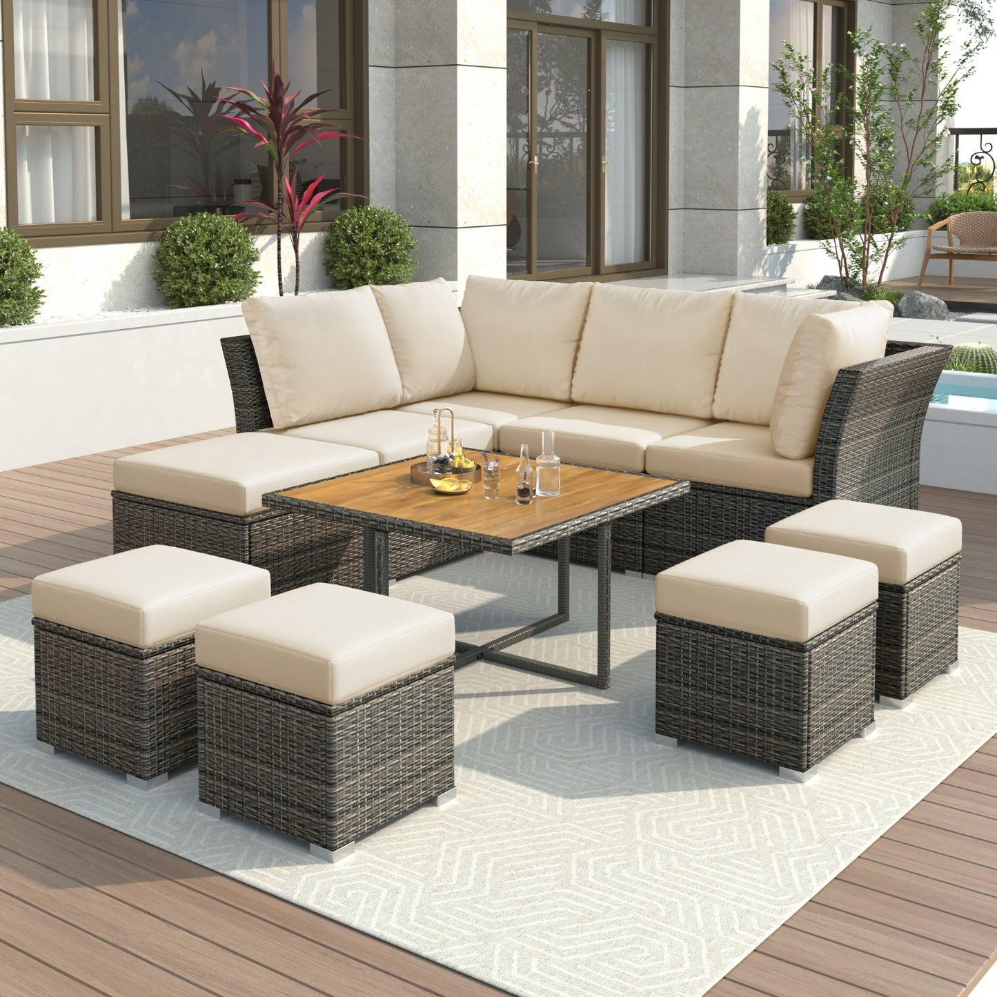 U STYLE Patio Furniture Set 10 Piece Outdoor Conversation Set CoffeeTable With Ottomans Solid Woo