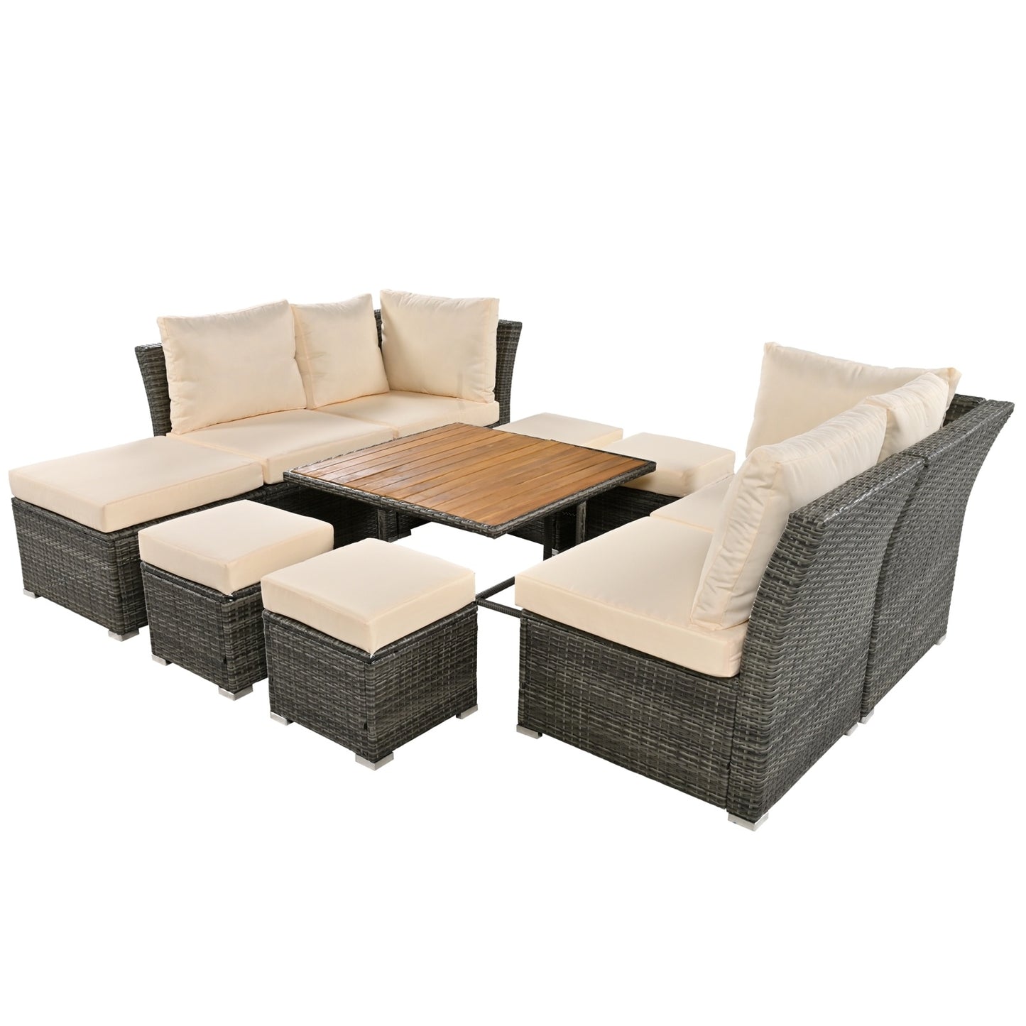 U STYLE Patio Furniture Set 10 Piece Outdoor Conversation Set CoffeeTable With Ottomans Solid Woo
