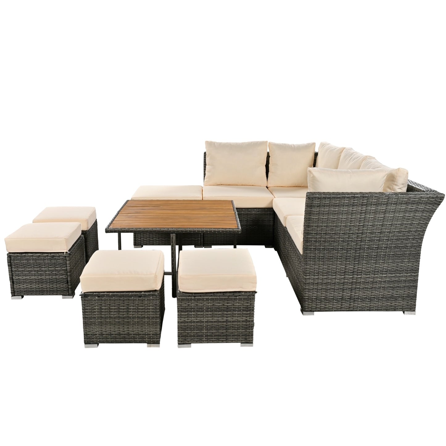 U STYLE Patio Furniture Set 10 Piece Outdoor Conversation Set CoffeeTable With Ottomans Solid Woo